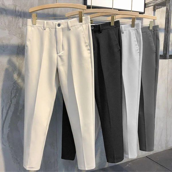 Calças masculinas Slim-fit Lápis Verão Cor Sólida Calças de Nove Pontos Casual Reto Zipper Botão Longo Diário