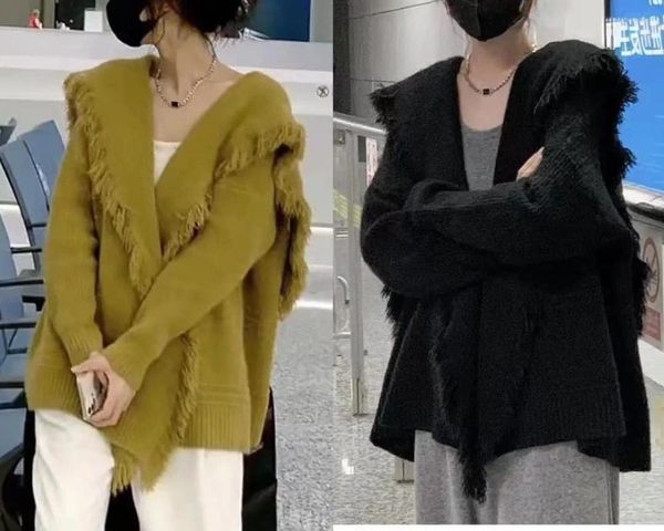 T-shirt da donna versione coreana 2023 autunno e inverno versatile ampio colletto polo casual cardigan lavorato a maglia maglione con frange cappotto scialle