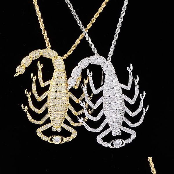 Colares de pingente 18k ouro animal 3d escorpião pingente colar gelado zircão com corrente de corda para homens mulheres chram hip hop jóias gif dhfnh
