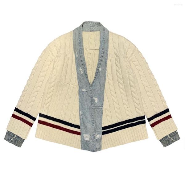 Casacos Masculinos GL Estilo Vintage Patchwork Denim Cardigan Suéteres Jaqueta Homens Soltos Casual Splicing Stripe Sweater Coat