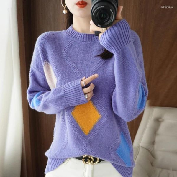 Kadın Sweaters Pullover Yuvarlak Boyun Renk Eşleşen Elmas Kare Yün Kazak All-Maç Moda Dip 22 Sonbahar ve Kış
