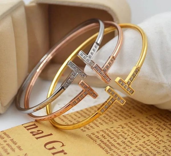 Aço inoxidável pulseira de punho de prata microscópio zircão duplo T carta abertura 18 k rosa banhado a ouro pulseiras pulseira para mulheres moda jóiasQ4