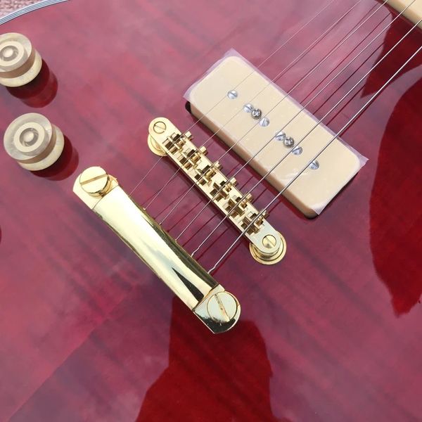 Guitarra elétrica personalizada para mão esquerda, 2 captadores p90, topo de bordo chama, cor vermelha transparente, escala de jacarandá, frete grátis 00