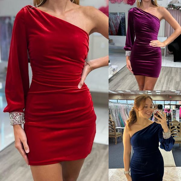 Vestido semi formal 2k24 manga bispo de um ombro justo com franzido de veludo feminino concurso baile de formatura noite coquetel vestido hoco pista gala gravata preta NYE punho frisado azul marinho