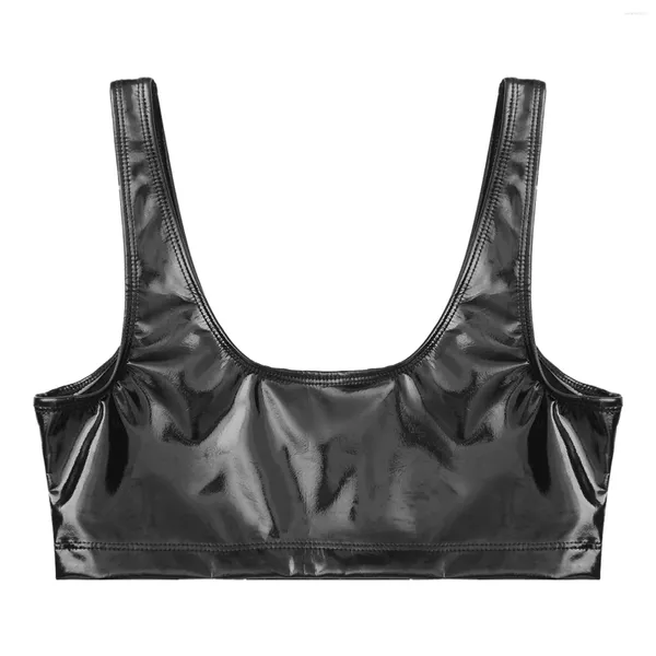 Damen-Tanktops, Damen-Bauch zeigt figurbetontes, glänzendes Latex-Crop-Tanktop, Clubwear, ärmellos, tiefer Ausschnitt, schwarze Disco-Rave-Party-Tops