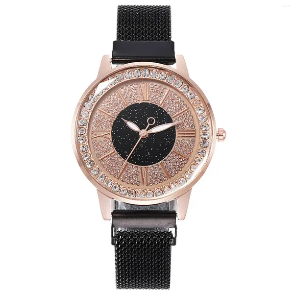 Relógios de pulso moda relógio quartzo diamante analógico malha nylon cinta strass cristal feminino mulheres relógios top relogios