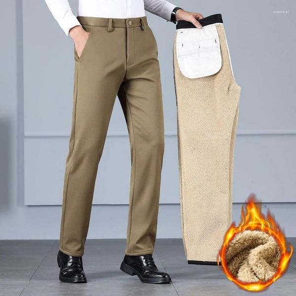 Calças masculinas inverno marca casual velo quente cáqui cintura alta elástica calças retas clássico pelúcia negócios masculino