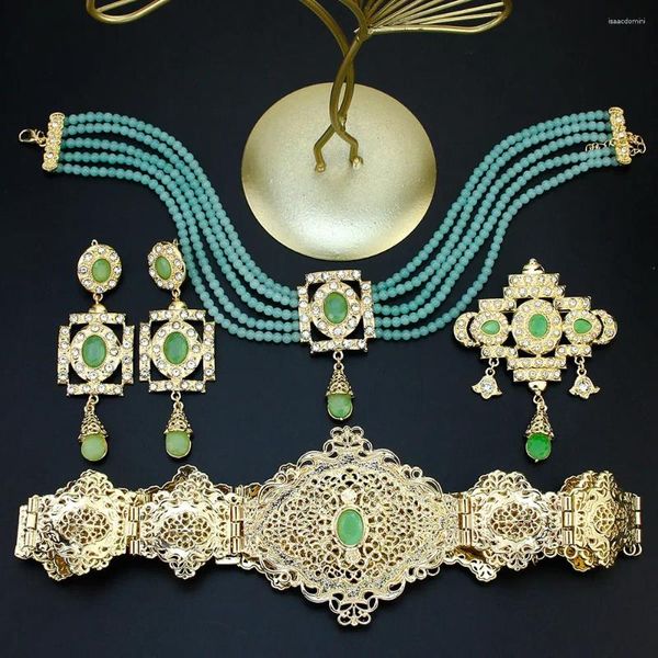Colar brincos conjunto sunspicems marrocos caftan cinto de cintura gargantilha brinco quadrado broche árabe cor ouro jóias de noiva para mulher