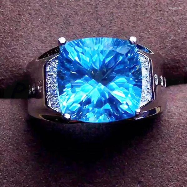 Anéis de cluster Homens Anel Topázio Natural Azul Real 925 Prata Esterlina 10 10mm 6.5ct Gemstone Fine Jewelry # S18060103