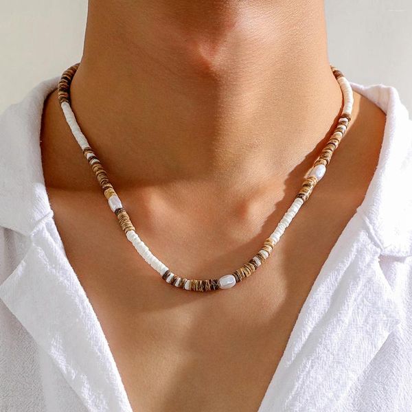 Anhänger Halsketten KunJoe Vintage Natürliche Kokosnuss Shell Choker Halskette Für Männer Böhmen Holz Perlen Imitation Perle Tribal Surfer