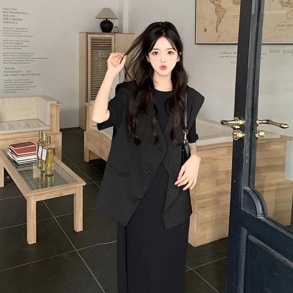 Vestidos de trabalho feminino 2023 grande conjunto versão coreana minimalista temperamento colete vestido gordo mm versátil saída o-pescoço verão moda