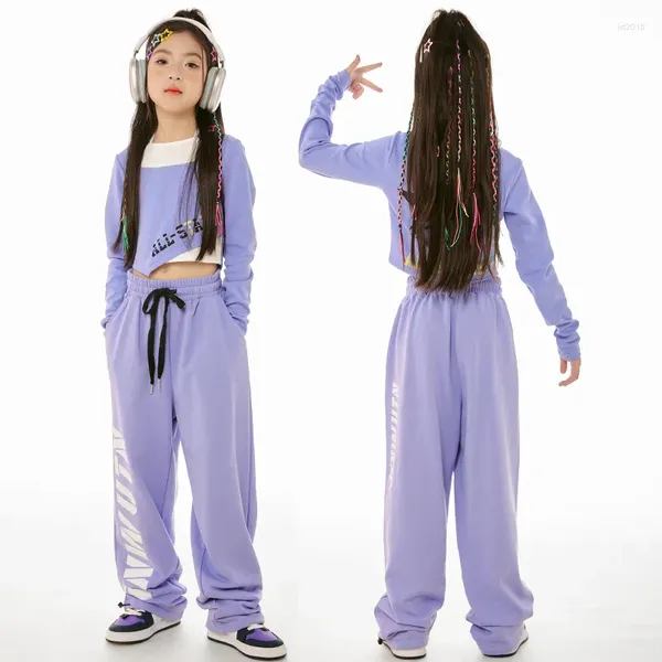 Abbigliamento da palco per bambini Abbigliamento per danza jazz Viola a maniche lunghe Set Ragazze di strada Sala da ballo Costumi di performance Hip Hop DN16349