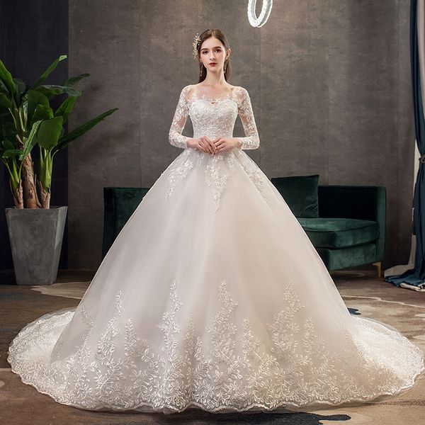 Dubai Arabisch Spitze Ballkleid Brautkleider Sweep Zug elegantes Weiß Plus Size Schatz rückenfrei Langarm Brautkleider 2023 Luxus Perlen Pailletten Hochzeitskleider