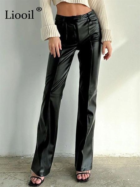 Kadın pantolonları Lioil kadınlar sahte deri parlama yüksek bel siyah kahverengi pantolonlar ceplerle sonbahar kış uzun çan-tabanlı pantolon