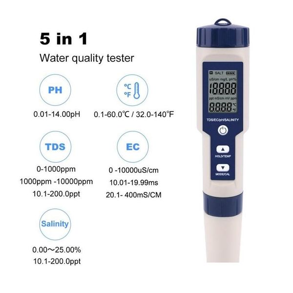 Ph-метры, оптовая продажа, профессиональный цифровой тестер воды, 5 в 1, ручка Ph/Tds/Ec/солености/температуры, водонепроницаемый измеритель Mti-функции, падение D Dh2Yz