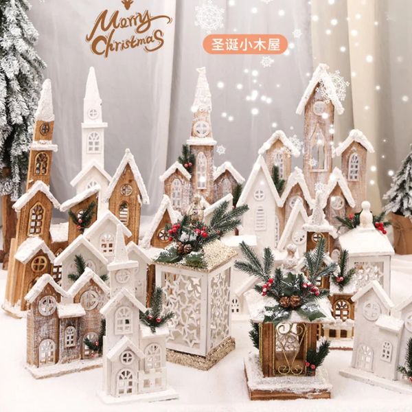 Decorazioni natalizie Squisita casa di neve Decorazione in legno Capanna illuminata Torre Castello Ornamenti per chiesa cristiana Decorazioni per regali artigianali da tavolo 231013