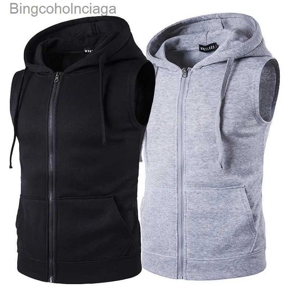 Coletes masculinos Mens com capuz sem mangas Zip Casual Moletom Hoodies 2021 Verão Outono Cor Sólida Jaqueta de Algodão Colete Coletes TopL231014