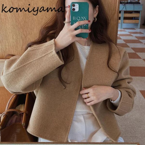 Damenmischungen Komiyama V-Ausschnitt Langarmmäntel Herbst Winter Vintage Elegante Jacke Mode Freizeitkleidung Ins Warme Outfits 231013