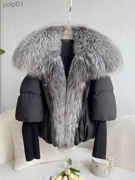 Pele feminina pele sintética janveny grande real prata gola de pele de raposa 2023 pato branco jaqueta feminina inverno luxo puffer casaco oversize pena outwearl231013