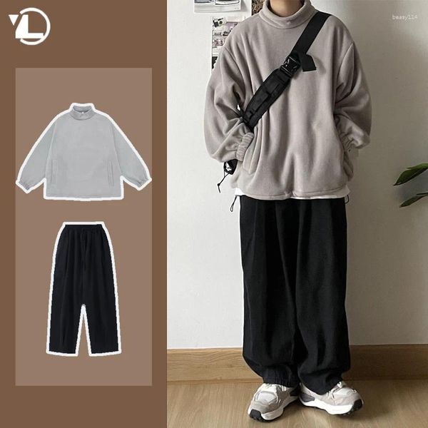 Männer Trainingsanzüge Harajuku Männer 2-teiliges Set Halbhoher Kragen Mode Lose Pullover Große Tasche Hip Hop Casual Hosen Anzug Japanisches Paar 2023