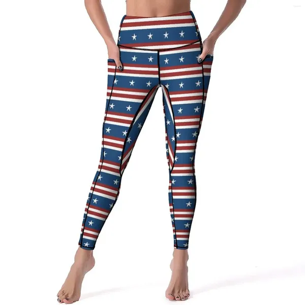 Calças ativas bandeira americana impressão leggings dia nacional fitness yoga push up doce esporte bolsos estiramento legging personalizada
