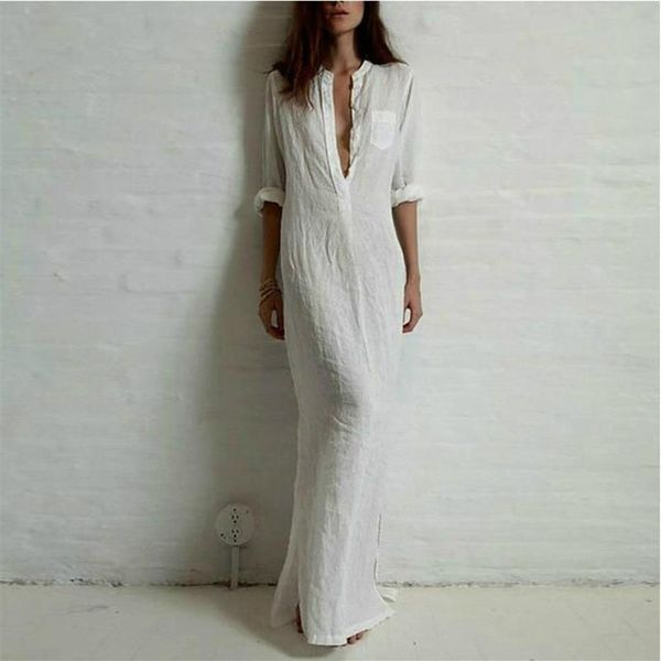 Vestido feminino verão sexy longo algodão sólido até o chão vestido branco elegante manga longa242d
