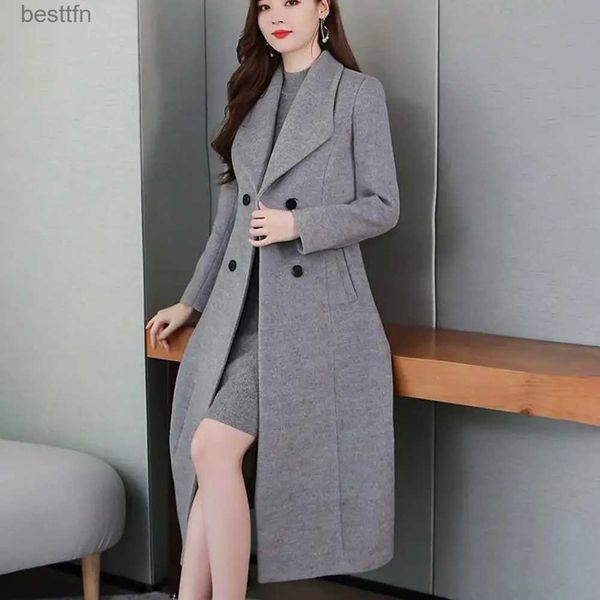 Женское полушерстяное пальто, простое шерстяное пальто, ветрозащитное женское зимнее сплошное цветное пальто до середины икры, пуговицы, шерстяная куртка, плотно прилегающая к талии, теплая для работыL231014