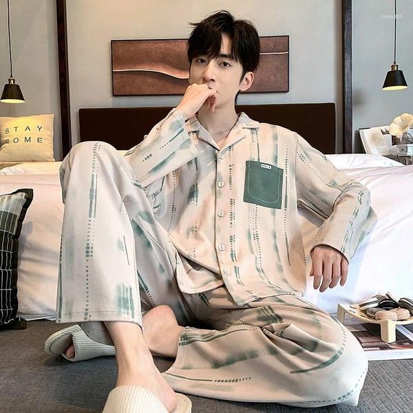 Indumenti da notte da uomo 2023 coreano cotone cardigan pigiama set lungo sonno Top Pant Homewear Turn Down Collar Youth Boy Freeship