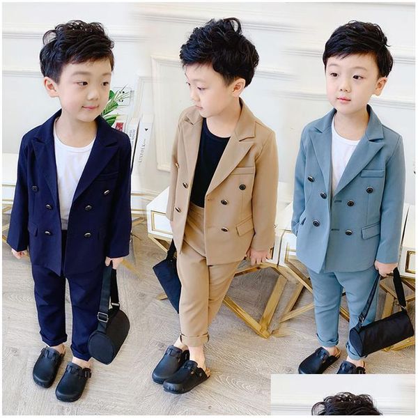 Anzüge Anzüge Frühling Herbst Kinder Zweireiher Anzug Set Kinder Hochzeit Party Performance Kostüm Jungen Reine Farbe Blazer Hosen 2 Stücke O Dhnmi