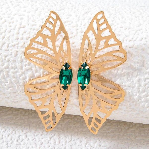 Orecchini a bottone moda color oro cava grande farfalla per le donne ala d'angelo in metallo intarsiato orecchino di cristallo verde regalo per feste