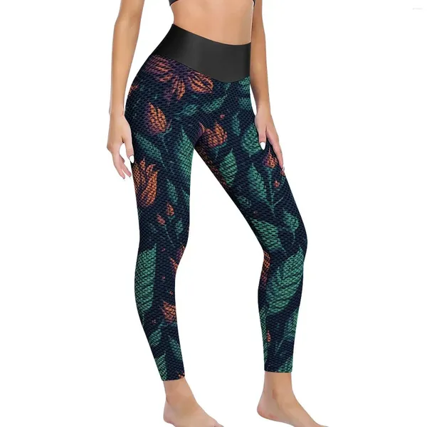 Calças ativas folha verde leggings flores vermelhas impressão design yoga push up fitness senhora estética esporte de secagem rápida