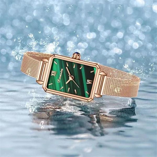 Relógios de pulso 2 Pçs / set Mulheres Relógios Moda Praça Senhoras Relógio de Quartzo Pulseira Set Dial Verde Simples Rosa Malha de Ouro Luxo