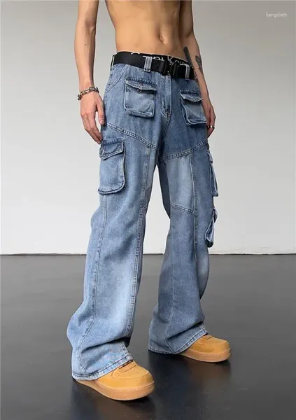 Calças masculinas americanas y2k high street retro macacão jeans multi-bolso perna larga casal hip-hop ins calças retas soltas para homens e mulheres