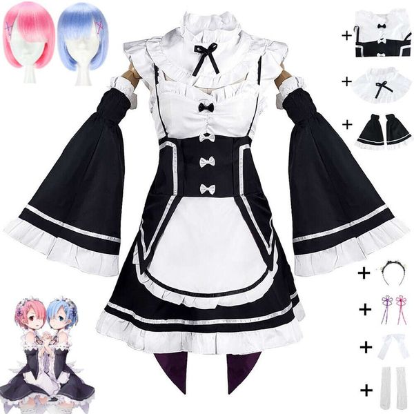 Cosplay Anime Rem Ram Re Vita in un mondo diverso da Zero Kara Himeru Isekai Seikatsu Costume cosplay Parrucca Halloween Abito da cameriera