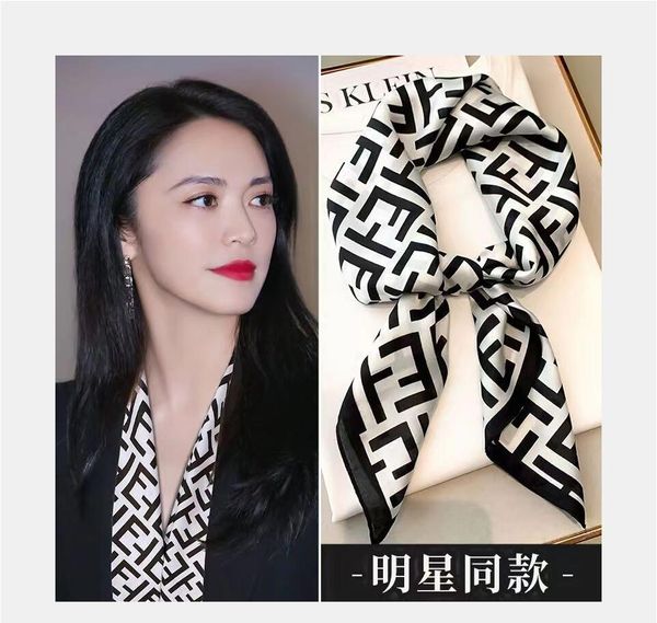 Novo lenço de seda feminino de verão fino de alta qualidade 70cm x 70cm lenço quadrado de seda estilo preto e branco presente