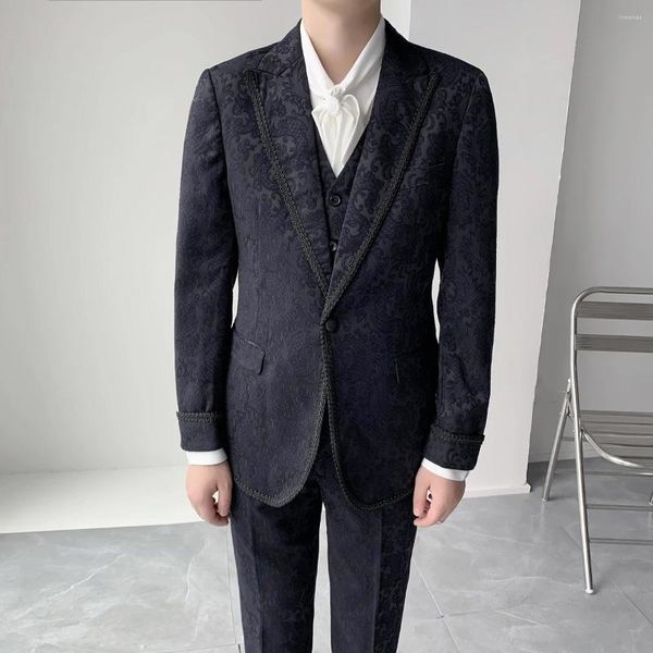 Erkek Suit 2023 Kadife Akşam Yemeği Adam Destek Elbise Takım Süreci Yeşil Meyve Yakası Üç Parçalı Siyah