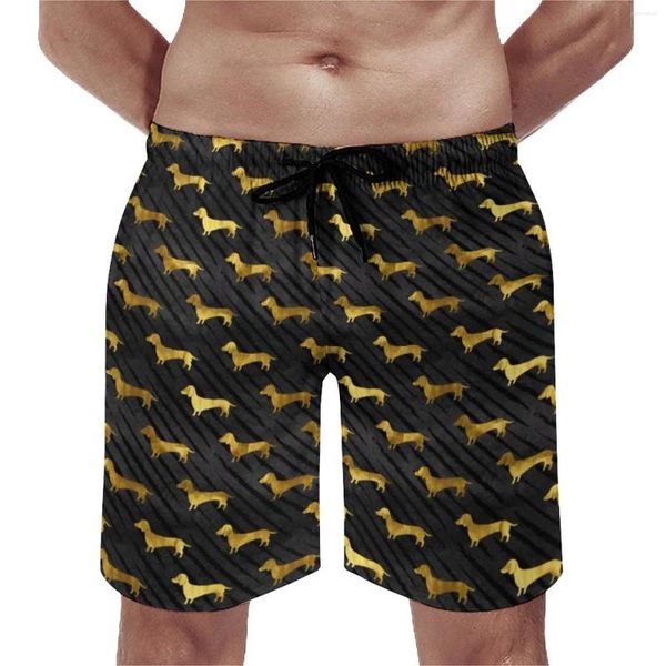 Pantaloncini da uomo estivi da palestra bassotto sportivo da surf pantaloni corti con bordo stampato per cani neri e dorati retrò comodi bauli da spiaggia taglie forti