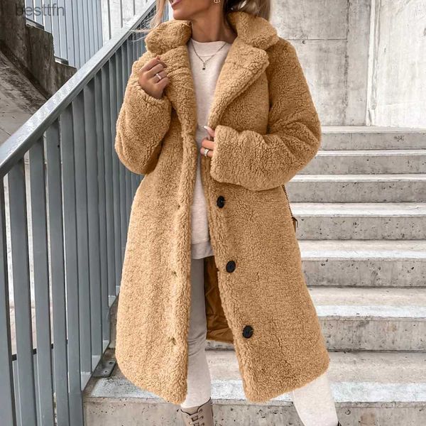 Женское полушерстяное новое фланелевое пальто на осень/зиму, женское повседневное однотонное плюшевое пальто с длинными рукавами с лацканами, элегантное модное тепловое пальто средней длиныL231014