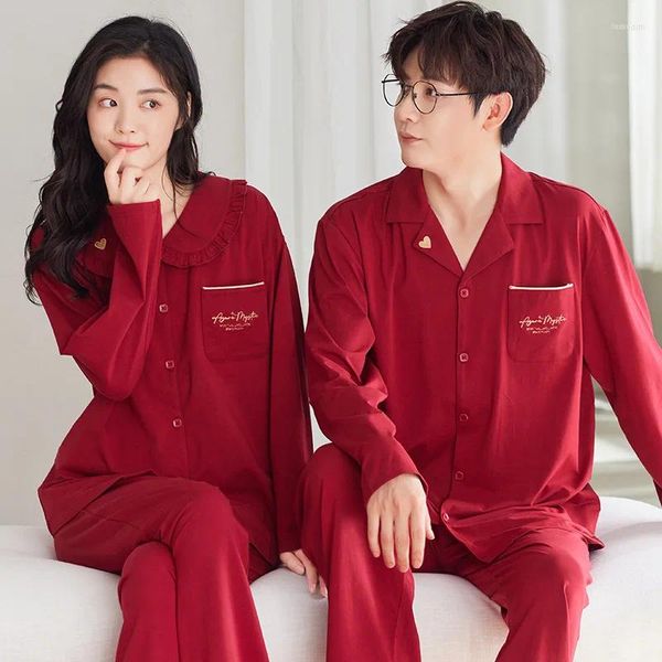 Pijamas masculinos de algodão coreano cardigan para casais outono feminino longo pijamas masculinos plus size 3xl loungewear pijama vermelho