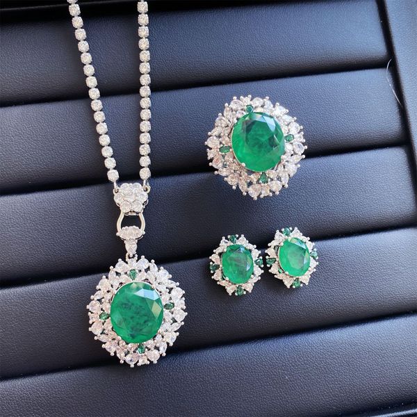 Moda feminina conjunto de jóias de casamento imitação esmeralda turmalina verde cristal zircão diamante anel aberto pingente colar brinco studs presente de festa