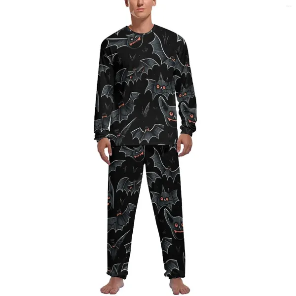 Erkekler Places Turuncu Gözlü Bat Pijamaları Sonbahar Ürkütücü Hayvan Gecesi Gece Kıyısı Erkekler 2 Parça Grafik Uzun Kollu Modaya Modeli Pijama Setleri