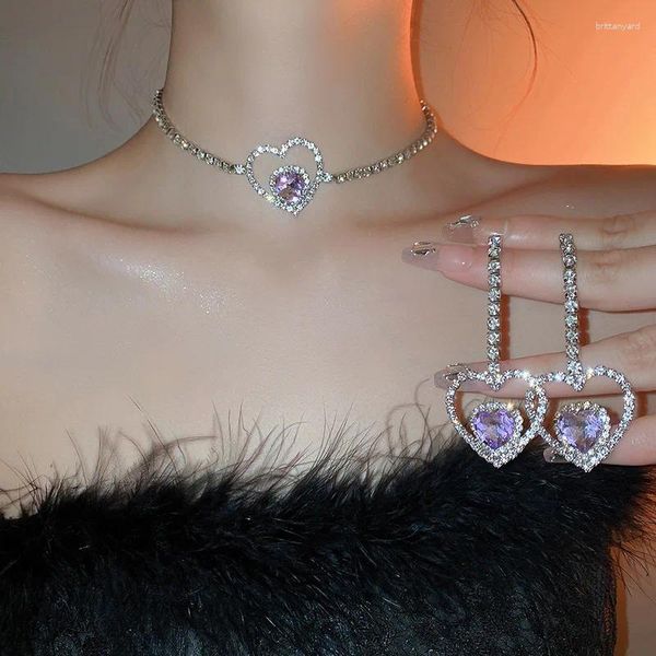 Colar brincos conjunto de luxo doce roxo cristal coração strass gargantilha brinco para mulheres temperamento criativo jóias
