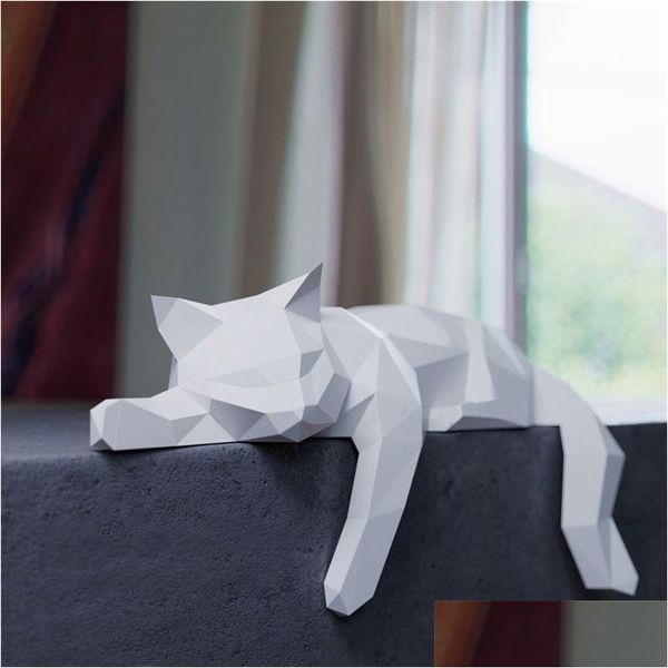 Objetos decorativos estatuetas deitado gato 3d modelo de papel animal scpture papercraft diy artesanato para sala de estar decoração de mesa livros dhjxc