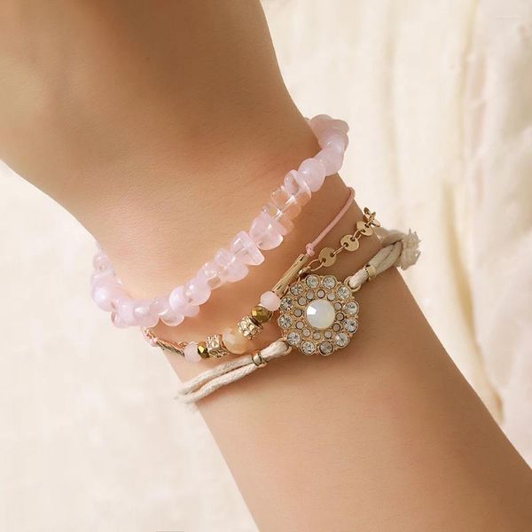 Charm Armbänder Kristall Blumen Armband Set 3 Teile/satz Natürliche Rosa Quartzs Stein Perlen Für Frauen Boho Mädchen Liebhaber Schmuck