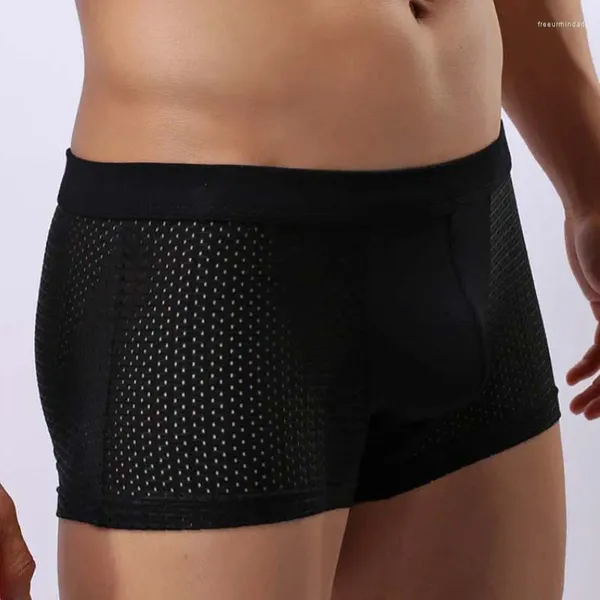 Cuecas masculinas de malha boxers roupa interior sexy transparente calcinha masculina boxershorts respirável cintura baixa u convexo bolsa gay