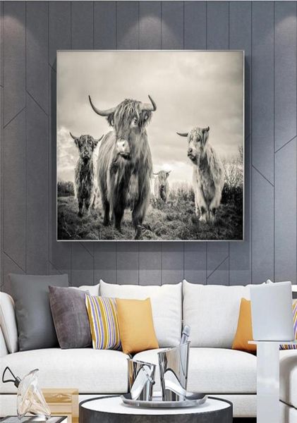 Highland Cow Poster, Leinwandkunst, Tierposter und Drucke, Rindermalerei, Wandkunst, nordische Dekoration, Wandbild für Wohnzimmer, 8634896