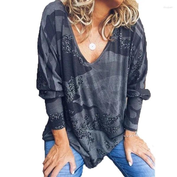 Damen T-Shirts Damen T-Shirts Große Größen 5XL Bluse Frauen Mode Camouflage Print Lässig Lose Weiblich Langarm Sexy V-Ausschnitt Tops