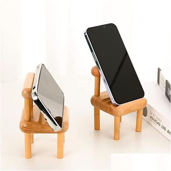 Titulares de armazenamento Racks preguiçoso titular do telefone móvel madeira sólida faia mesa cadeira decoração artesanato criativo base fezes mini suporte dh65b