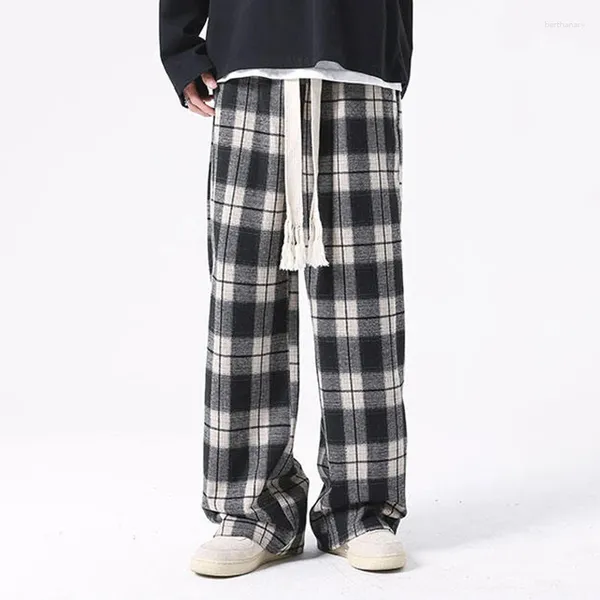 Calças masculinas homens casual xadrez longo solto perna larga all-match cintura elástica moda cordão calças streetwear harajuku M-8XL