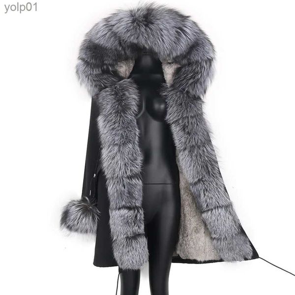 Женская зимняя куртка из искусственного меха с натуральным кроличьим мехом, женская длинная куртка, водонепроницаемые парки, подкладка из кролика Рекс, съемный воротник из меха енота, верхняя одежда с капюшономL231013